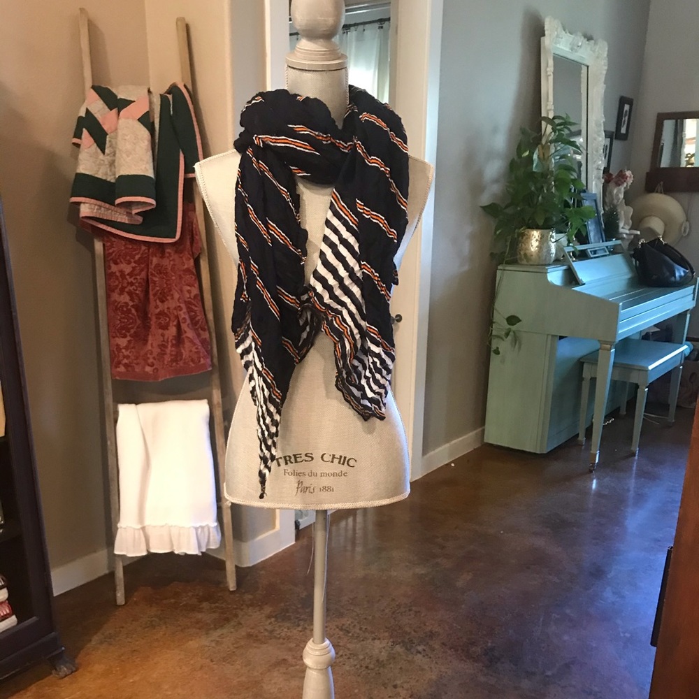 Blue, White, and Orange Striped Scarf